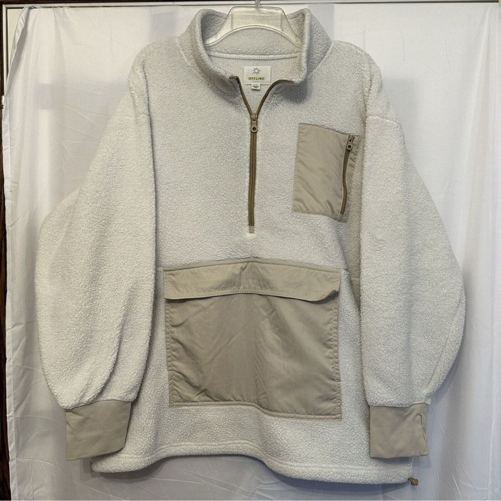 AERIE OFFLINE Sherpa 1/4 1/2 Zip Jacket Pullover Ivory Beige Womens Size XL